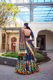 Navy Blue Tussar Silk Lehenga Choli with Kalamkari With Foil Work