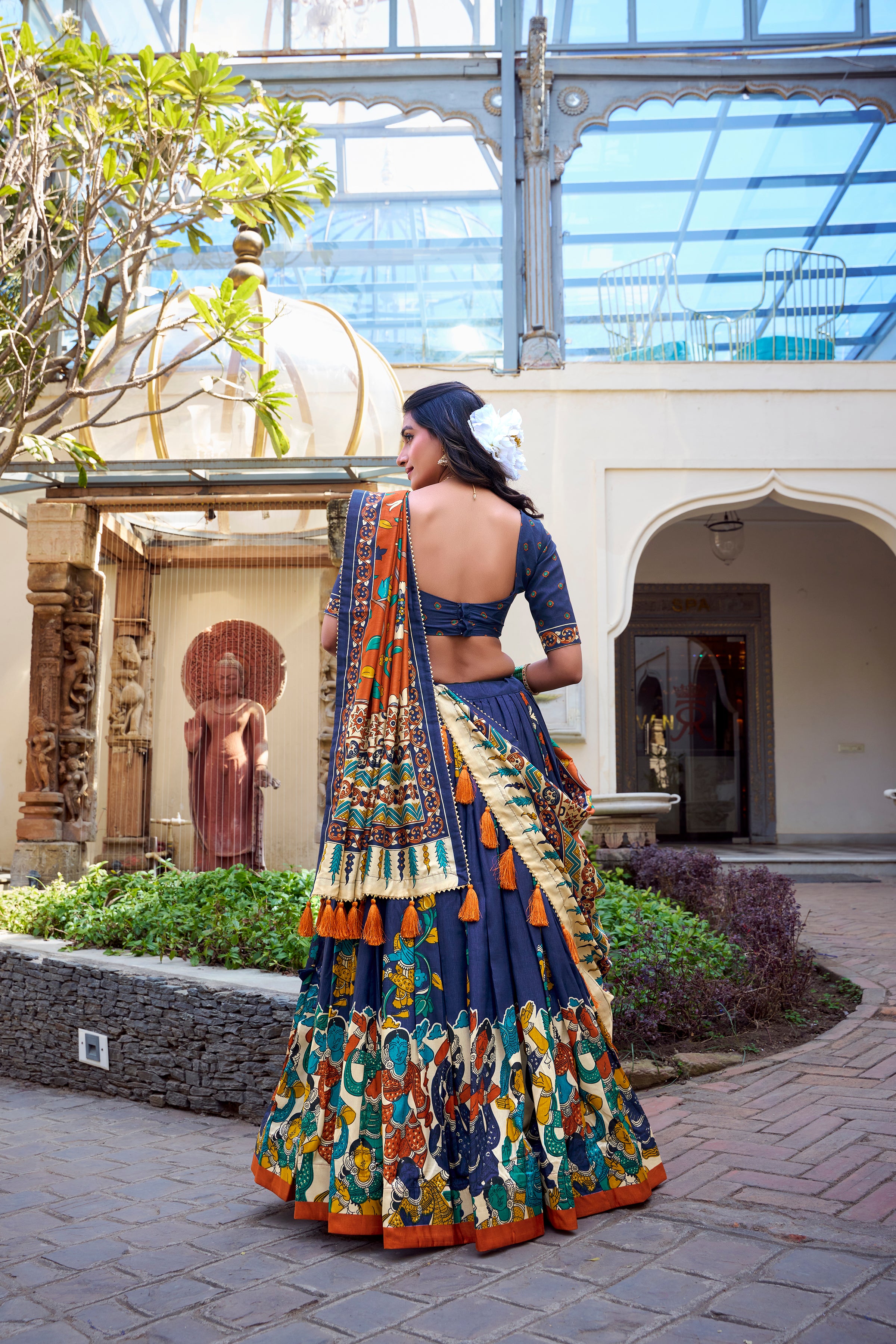 Navy Blue Tussar Silk Lehenga Choli with Kalamkari With Foil Work