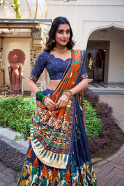 Navy Blue Tussar Silk Lehenga Choli with Kalamkari With Foil Work