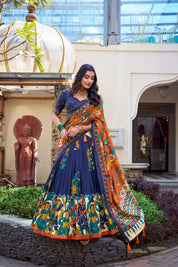 Navy Blue Tussar Silk Lehenga Choli with Kalamkari With Foil Work