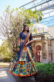 Navy Blue Tussar Silk Lehenga Choli with Kalamkari With Foil Work