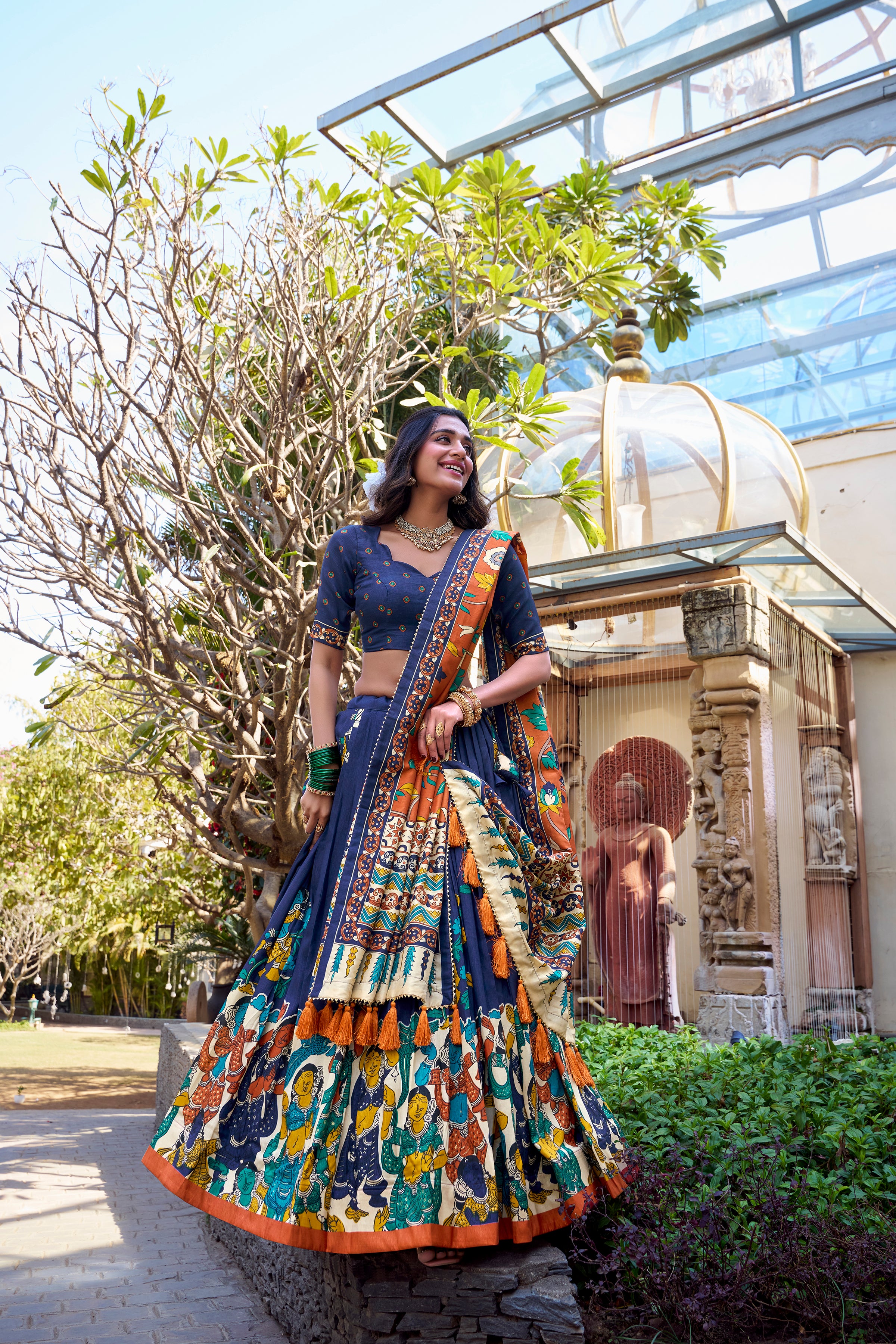 Navy Blue Tussar Silk Lehenga Choli with Kalamkari With Foil Work