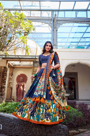 Navy Blue Tussar Silk Lehenga Choli with Kalamkari With Foil Work