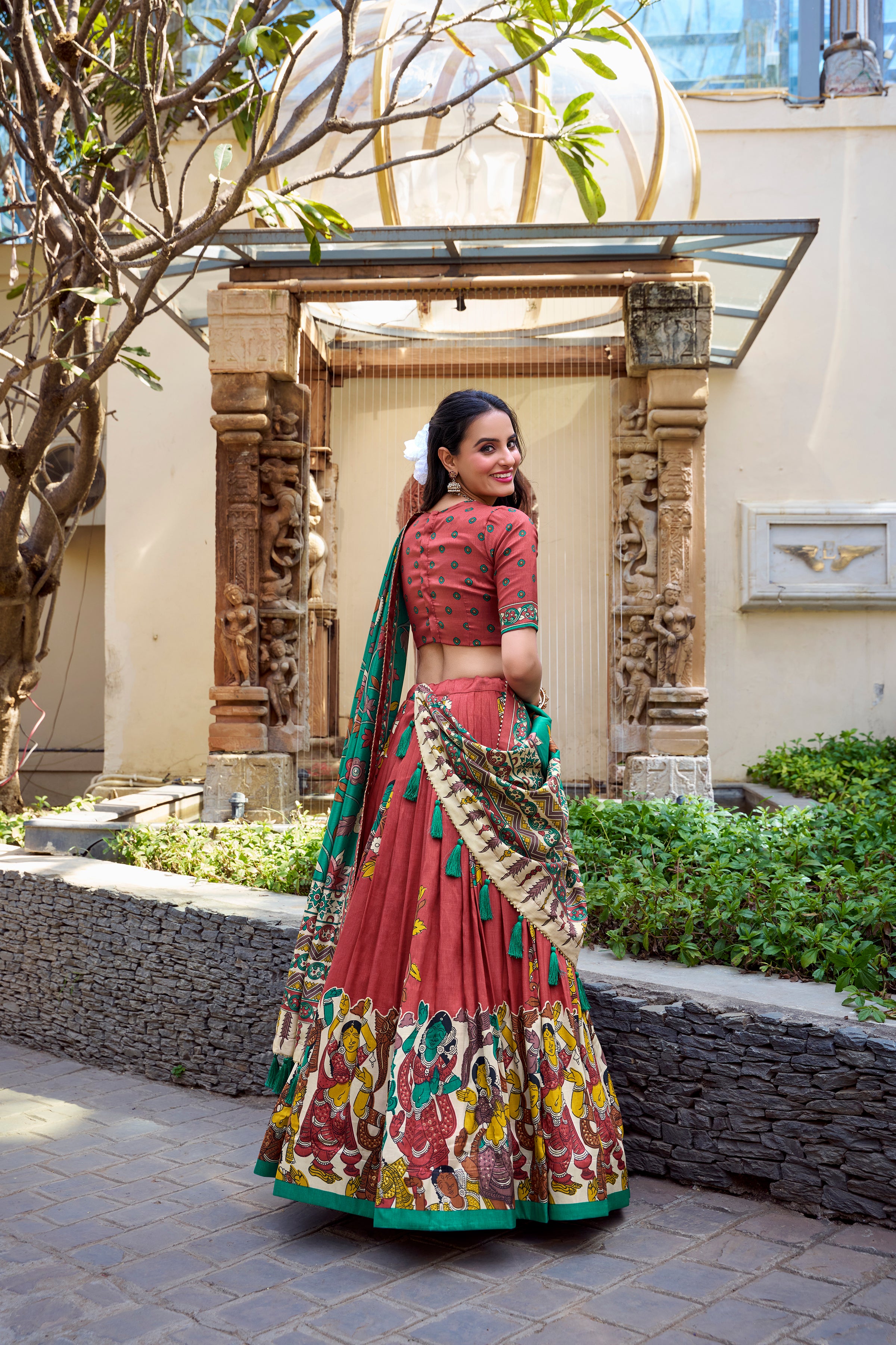 Maroon Tussar Silk Lehenga Choli with Kalamkari With Foil Work