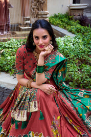 Maroon Tussar Silk Lehenga Choli with Kalamkari With Foil Work