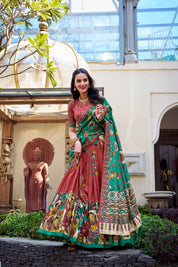 Maroon Tussar Silk Lehenga Choli with Kalamkari With Foil Work