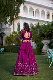 Wine Tussar Silk Lehenga Choli with Sequins And Thread Embroidery Work With Lace Border