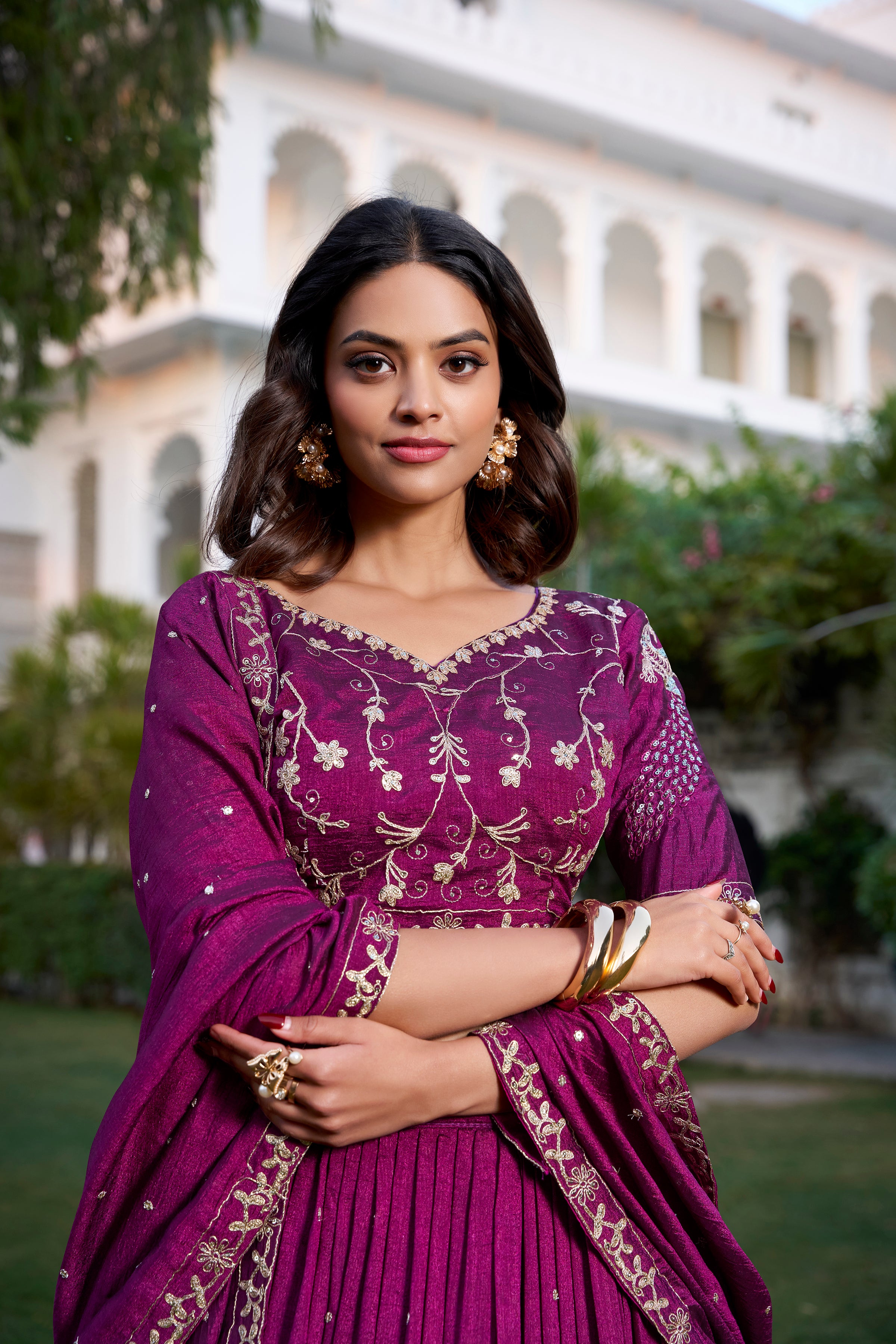 Wine Tussar Silk Lehenga Choli with Sequins And Thread Embroidery Work With Lace Border