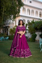 Wine Tussar Silk Lehenga Choli with Sequins And Thread Embroidery Work With Lace Border