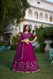 Wine Tussar Silk Lehenga Choli with Sequins And Thread Embroidery Work With Lace Border