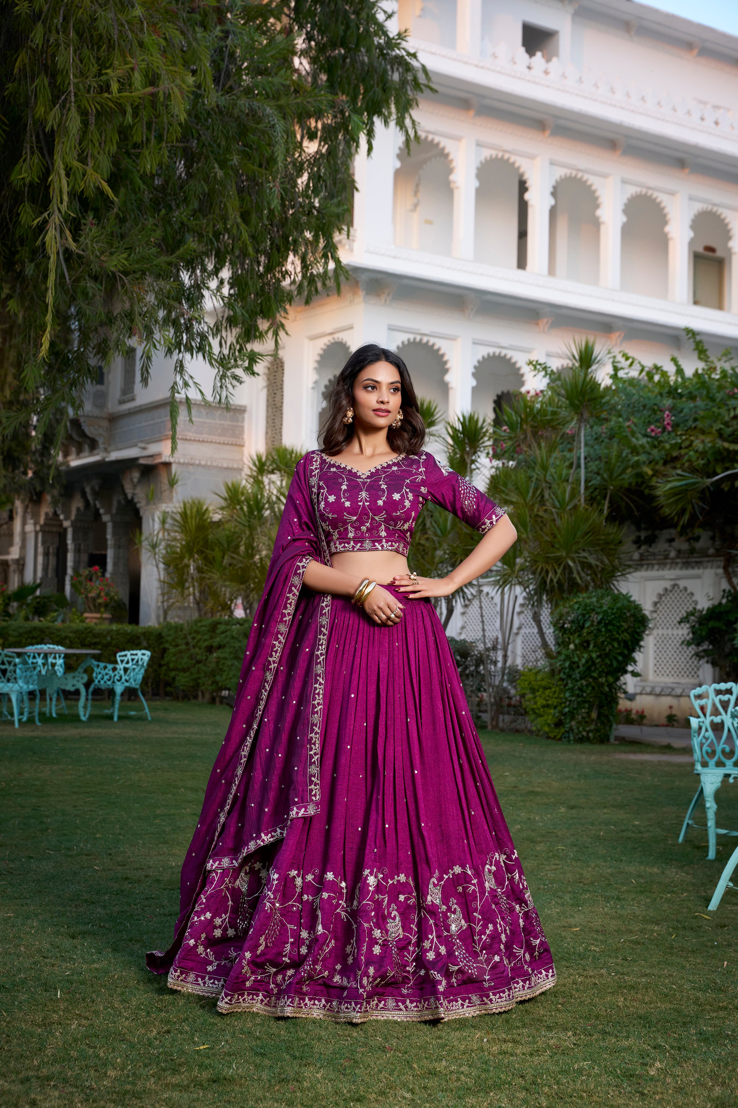 Wine Tussar Silk Lehenga Choli with Sequins And Thread Embroidery Work With Lace Border