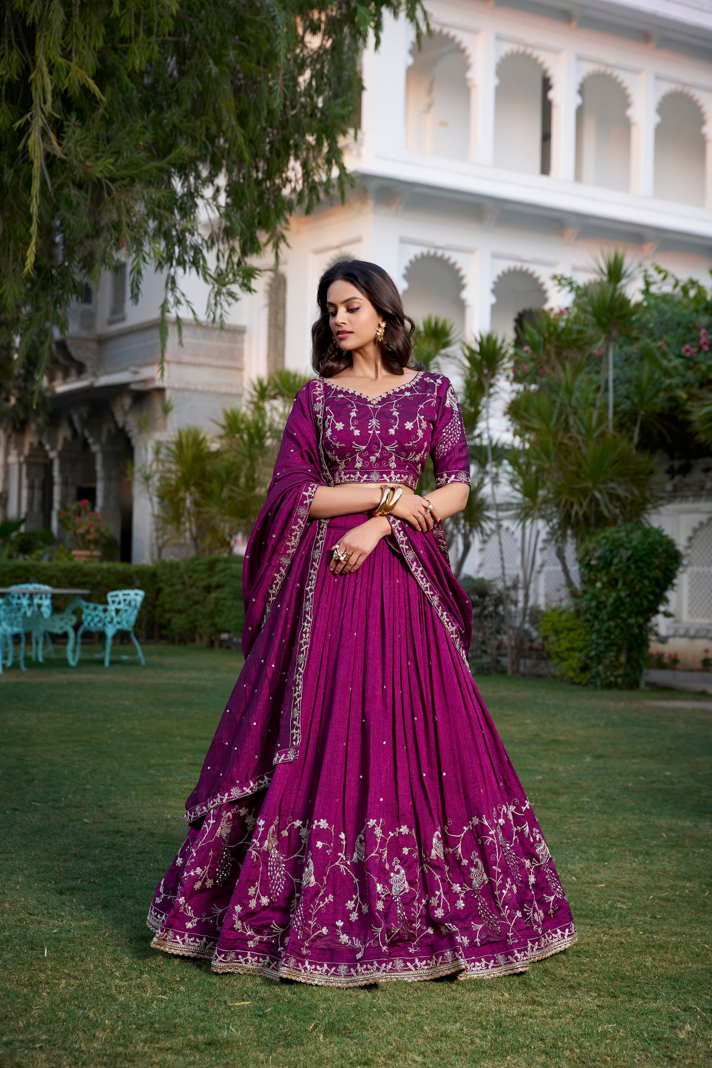 Wine Tussar Silk Lehenga Choli with Sequins And Thread Embroidery Work With Lace Border