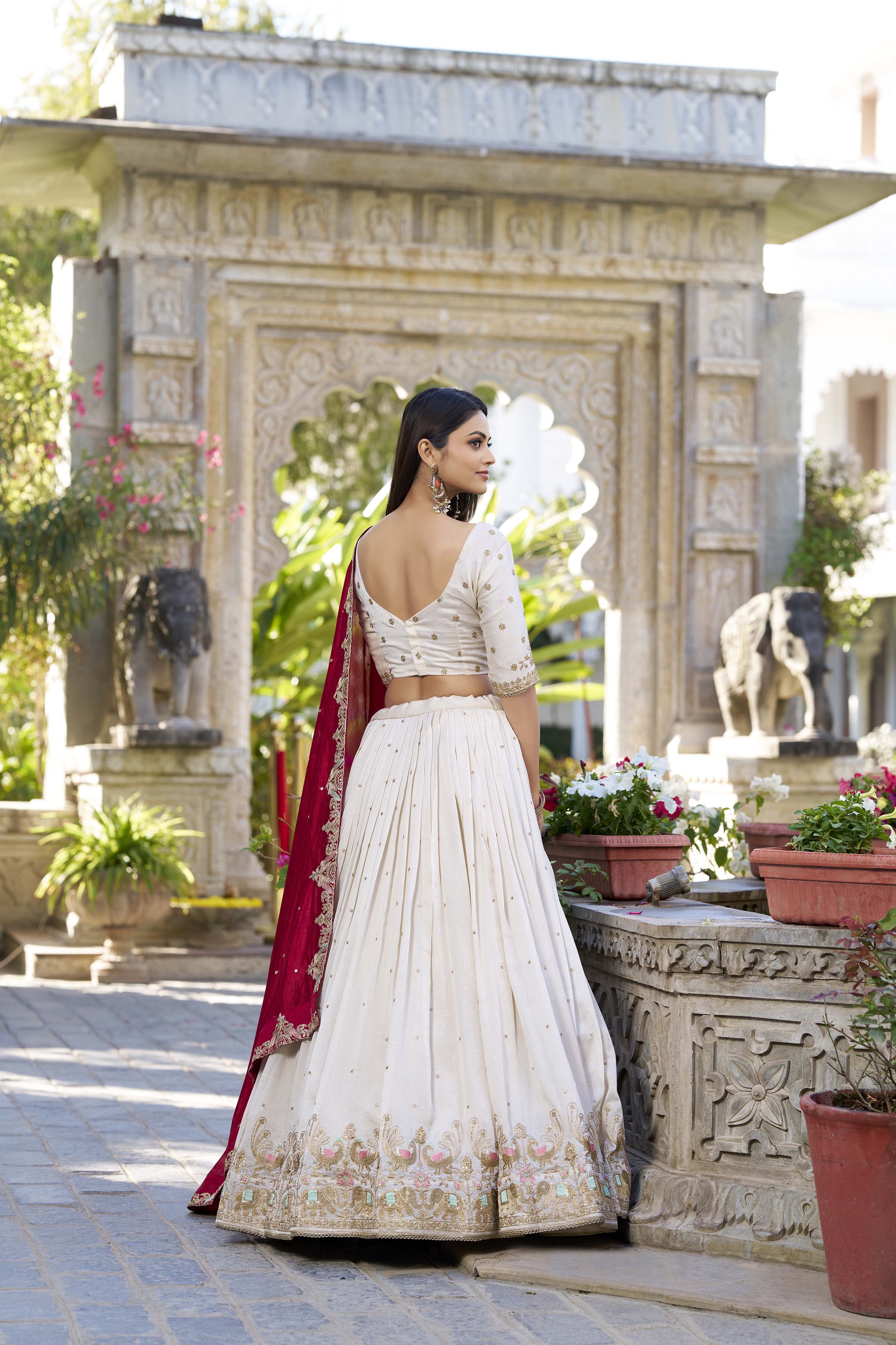 Off White Tussar Silk Lehenga Choli with Sequins And Thread Embroidery Work