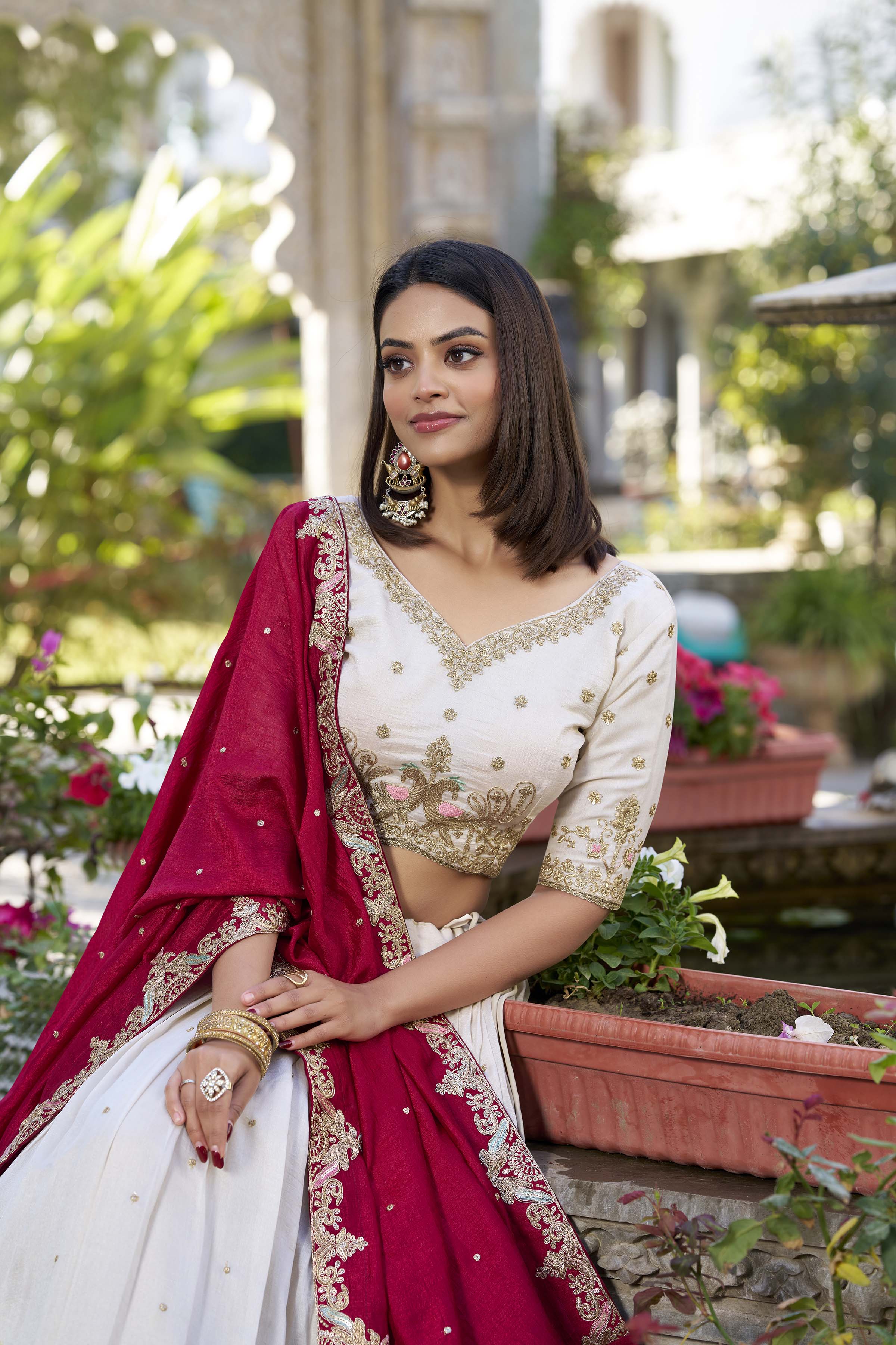 Off White Tussar Silk Lehenga Choli with Sequins And Thread Embroidery Work
