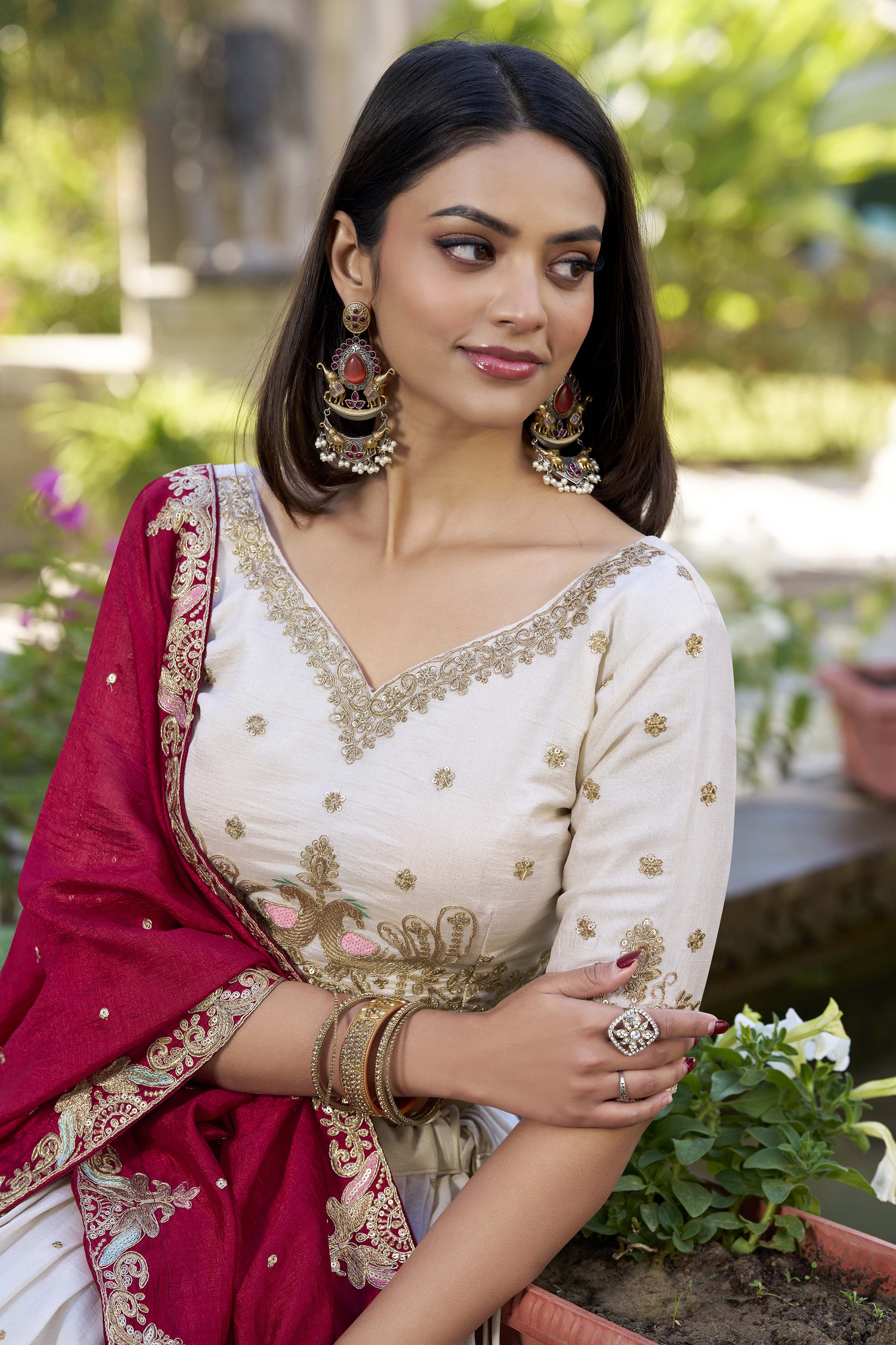 Off White Tussar Silk Lehenga Choli with Sequins And Thread Embroidery Work