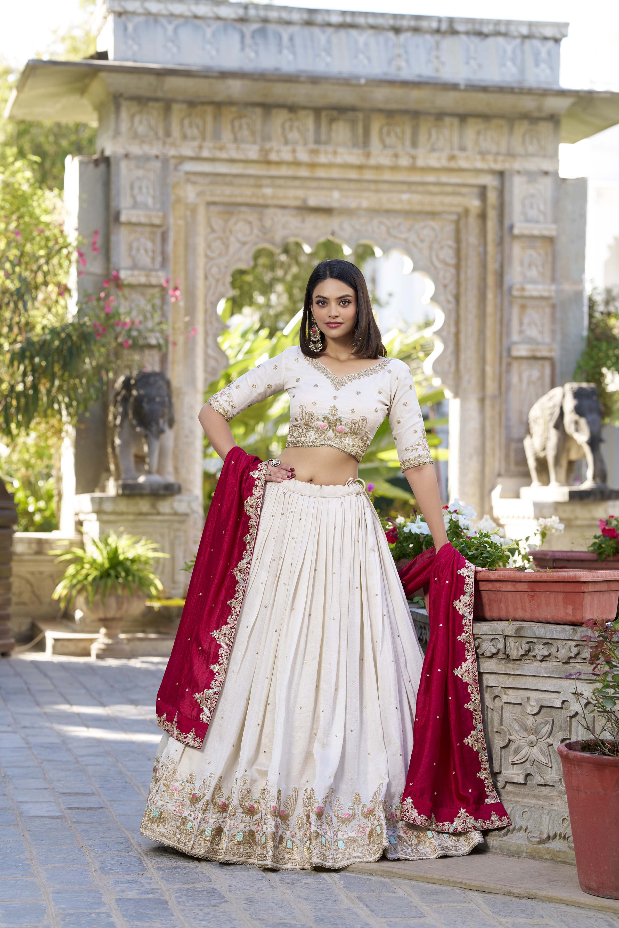 Off White Tussar Silk Lehenga Choli with Sequins And Thread Embroidery Work