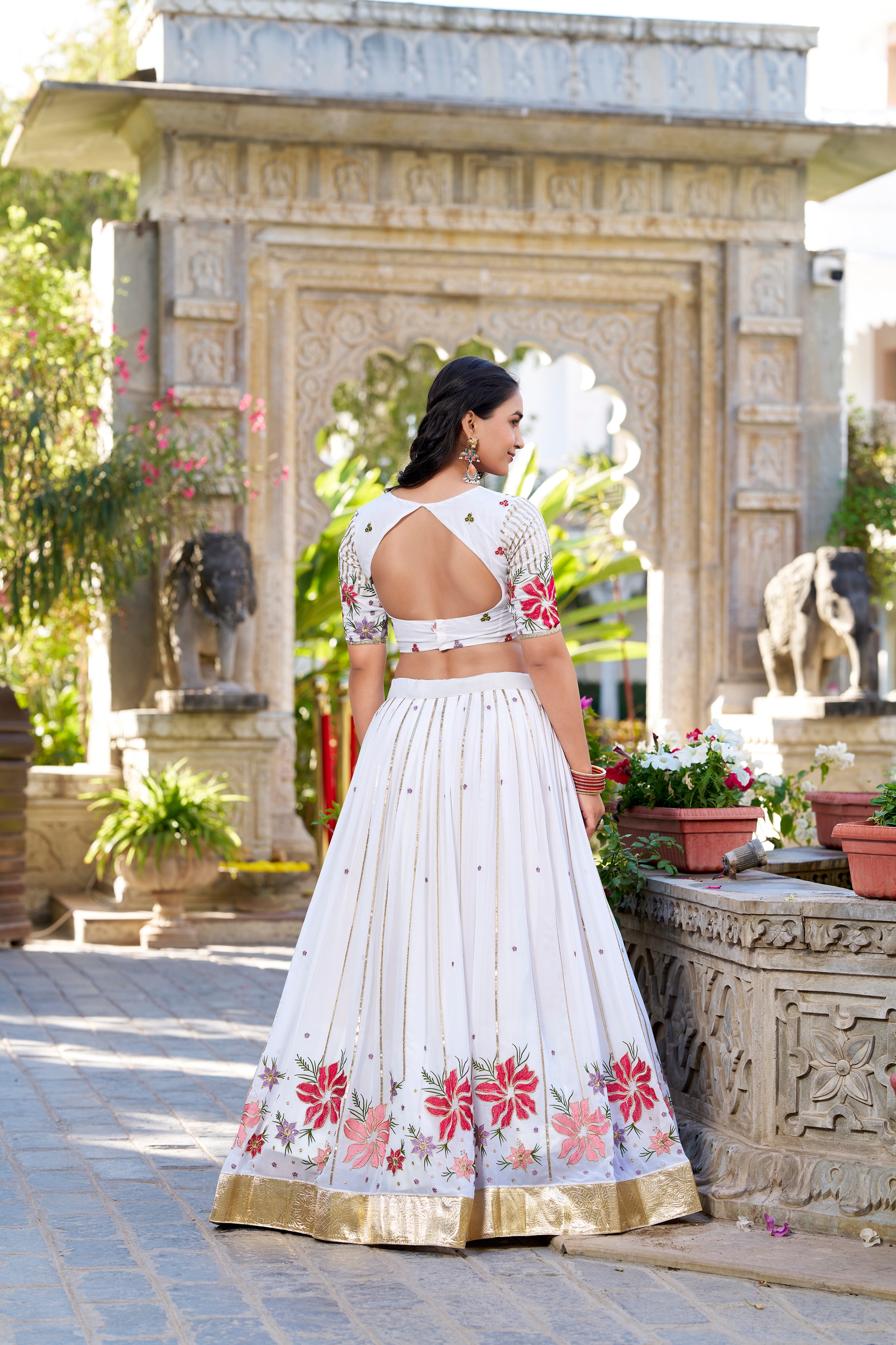 White Tussar Silk Lehenga Choli with Sequins And Thread Embroidery Work With Embossed Design Lace