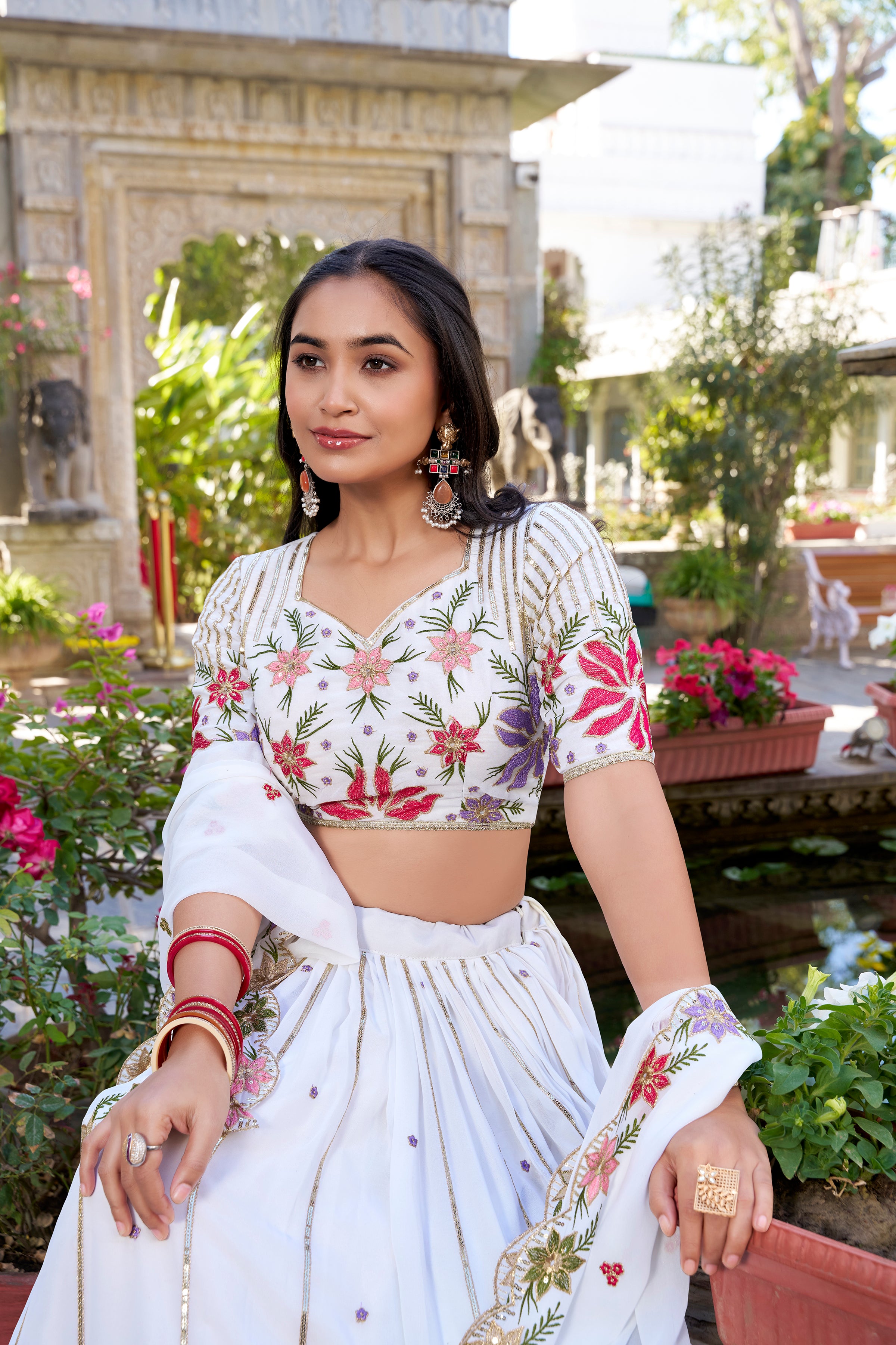 White Tussar Silk Lehenga Choli with Sequins And Thread Embroidery Work With Embossed Design Lace