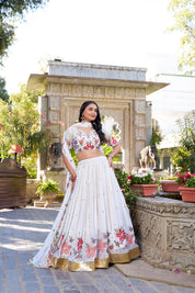 White Tussar Silk Lehenga Choli with Sequins And Thread Embroidery Work With Embossed Design Lace