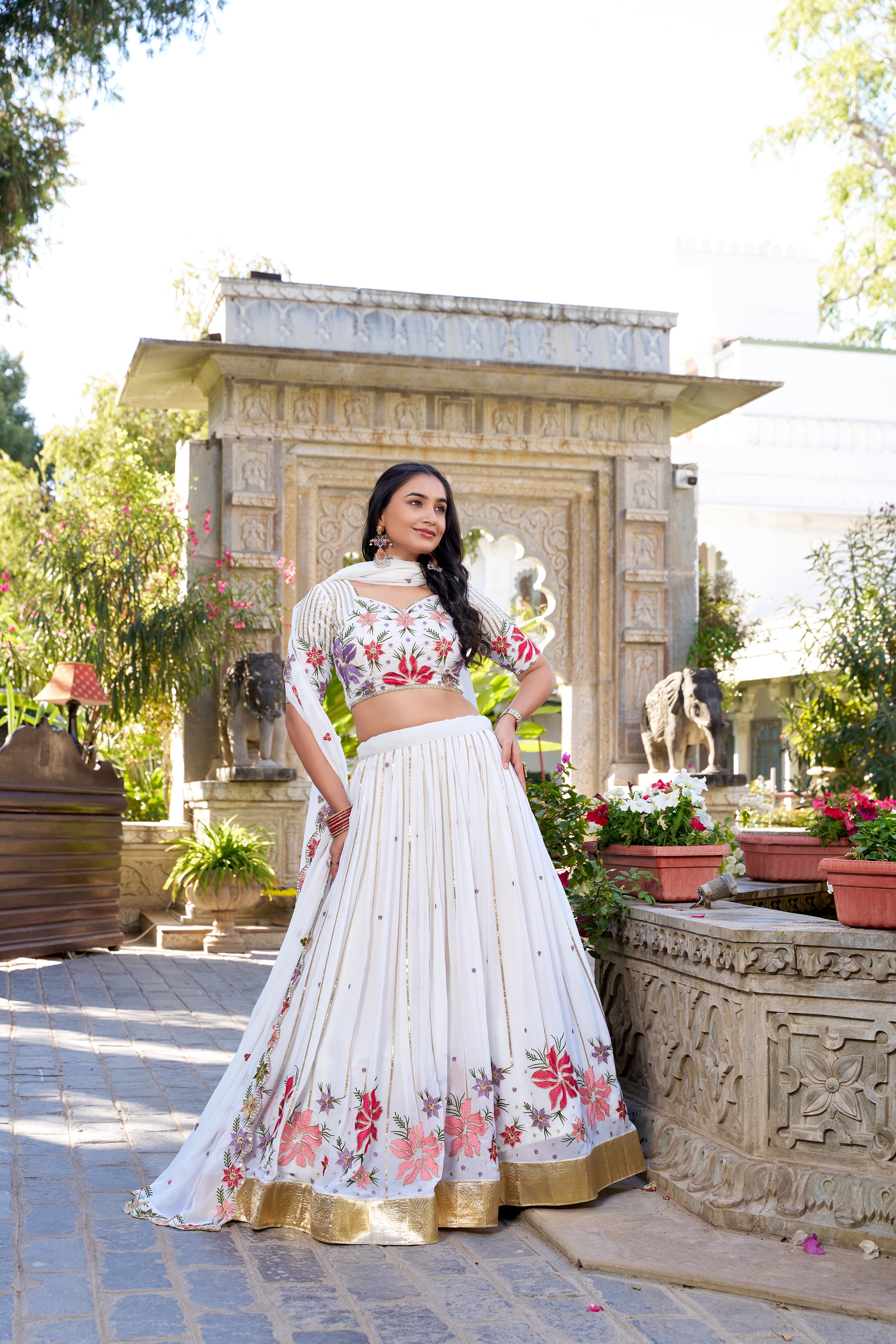 White Tussar Silk Lehenga Choli with Sequins And Thread Embroidery Work With Embossed Design Lace