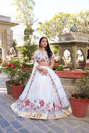 White Tussar Silk Lehenga Choli with Sequins And Thread Embroidery Work With Embossed Design Lace