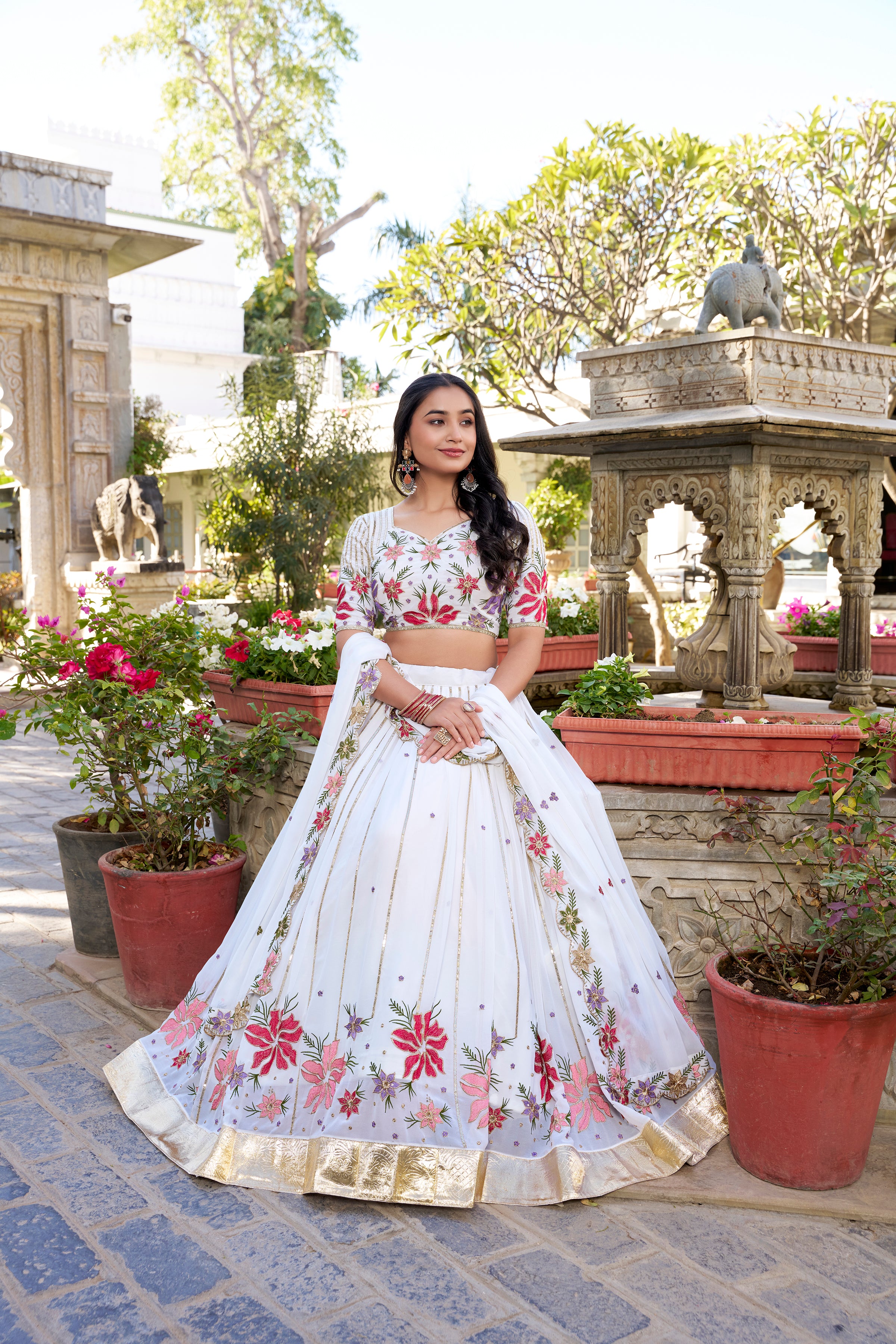 White Tussar Silk Lehenga Choli with Sequins And Thread Embroidery Work With Embossed Design Lace