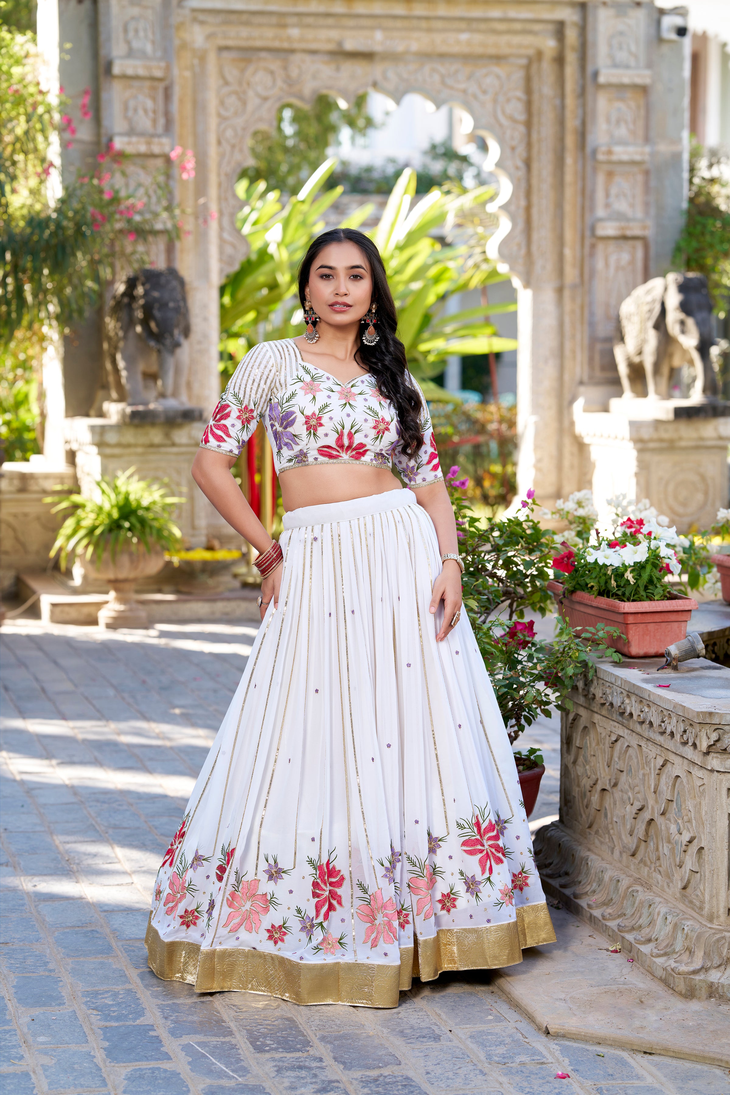 White Tussar Silk Lehenga Choli with Sequins And Thread Embroidery Work With Embossed Design Lace
