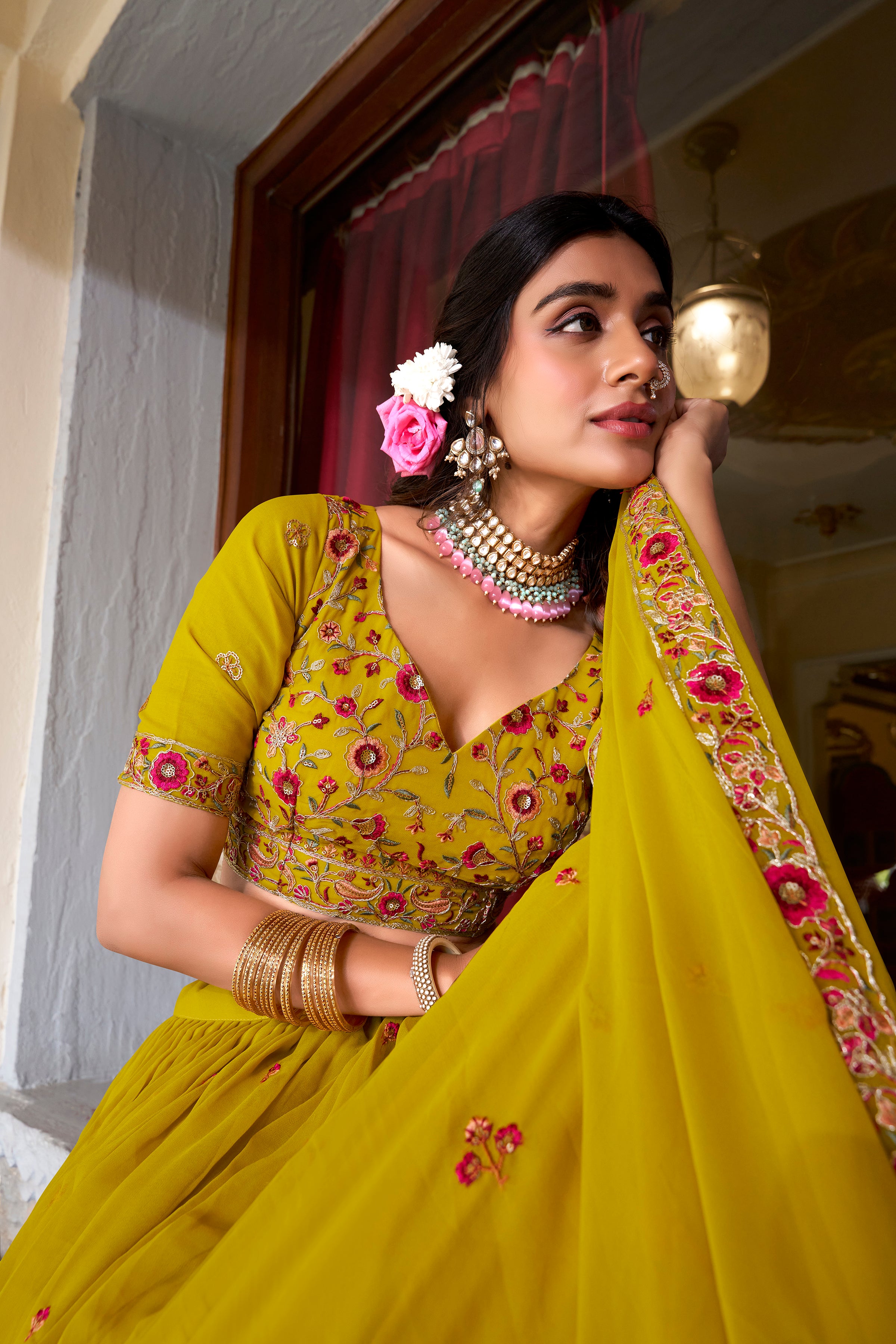 Muster Tussar Silk Lehenga Choli with Sequins And Thread Embroidery Work