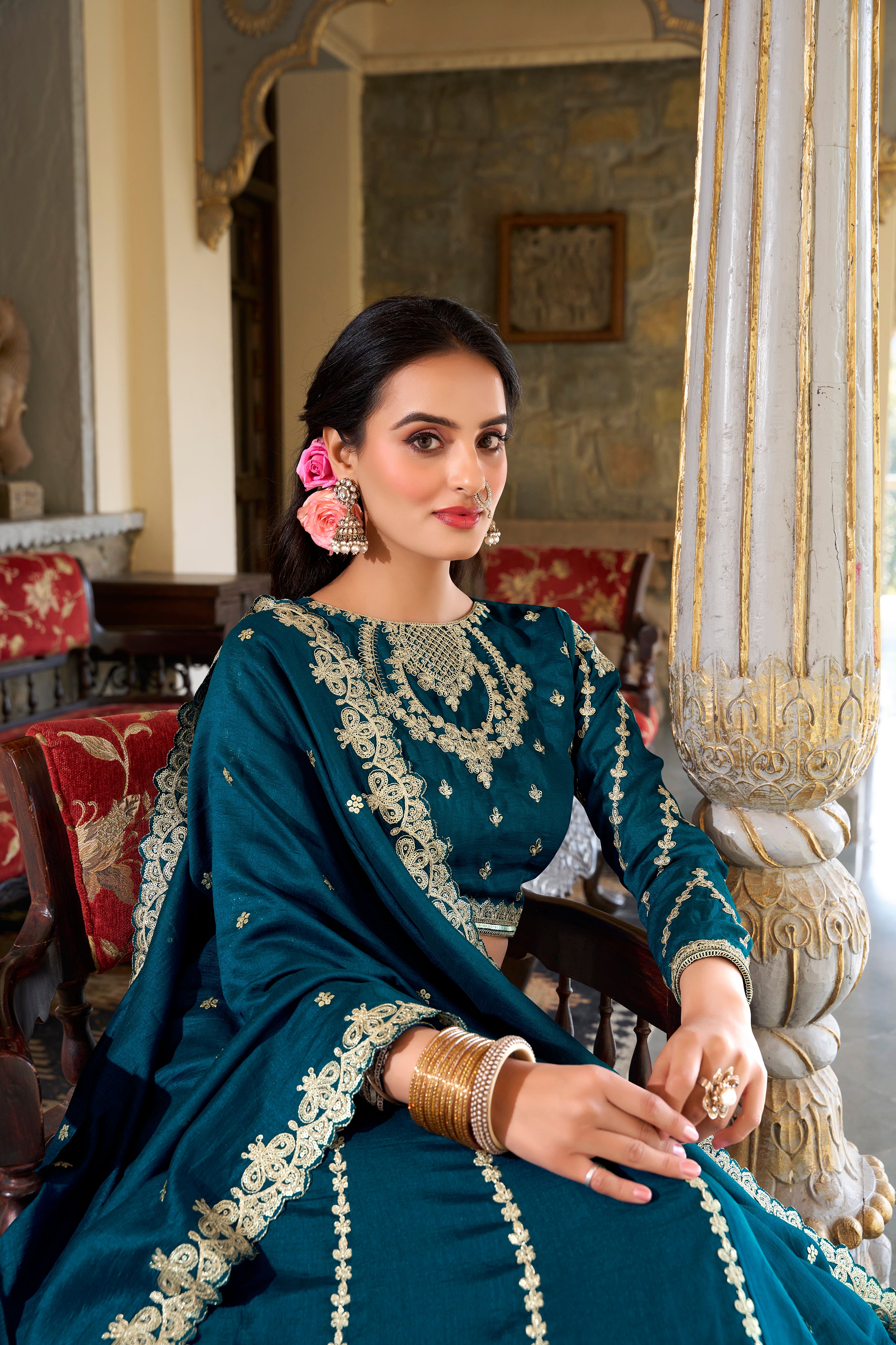 Firozi Tussar Silk Lehenga Choli with Sequins And Thread Embroidery Work