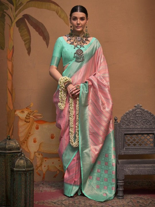 Mint Green & Pink Striped Banarasi Silk Saree with Geometric Zari Border