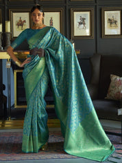 Turquoise Blue & Gold-Toned Banarasi Saree with Zari Detailing and Woven Border