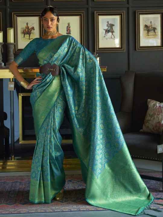 Turquoise Blue & Gold-Toned Banarasi Saree with Zari Detailing and Woven Border