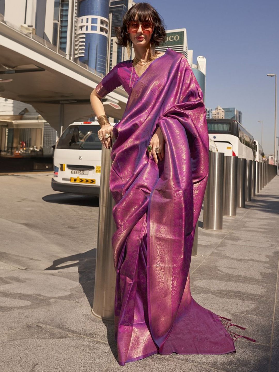 Rich Purple Banarasi Saree with Gold Zari Border & Unstitched Blouse