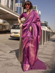 Rich Purple Banarasi Saree with Gold Zari Border & Unstitched Blouse
