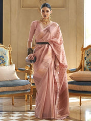 Blush Tone Woven Saree with Classic Border & Unstitched Blouse