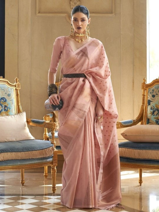 Blush Tone Woven Saree with Classic Border & Unstitched Blouse
