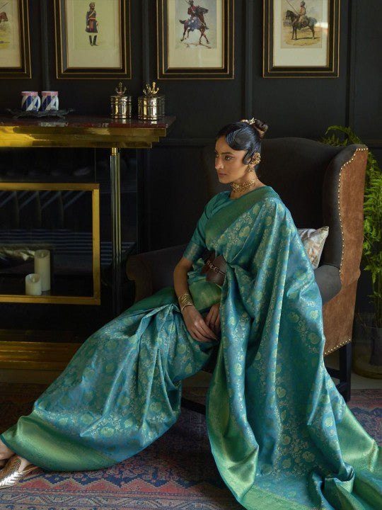 Turquoise Blue & Gold-Toned Banarasi Saree with Zari Detailing and Woven Border