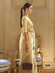 Elegant Yellow Handwoven Saree with Subtle Gold Zari Accents & Unstitched Blouse