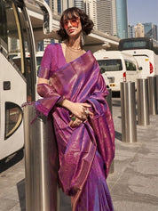 Rich Purple Banarasi Saree with Gold Zari Border & Unstitched Blouse