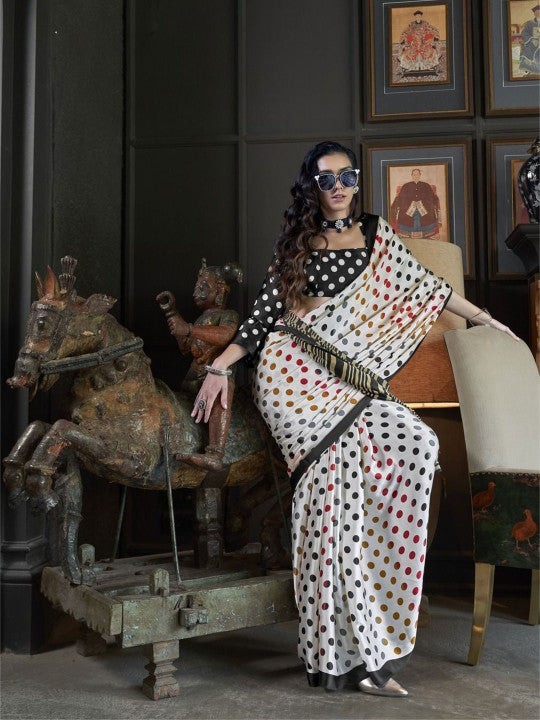 Multicolor Polka Dot Printed Saree in Black & White with Striped Pallu