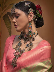 Pastel Green & Pink Banarasi Saree with Zari Stripes and Geometric Border