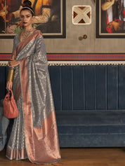 Graceful Grey & Gold Banarasi Silk Blend Saree with Zari Detailing