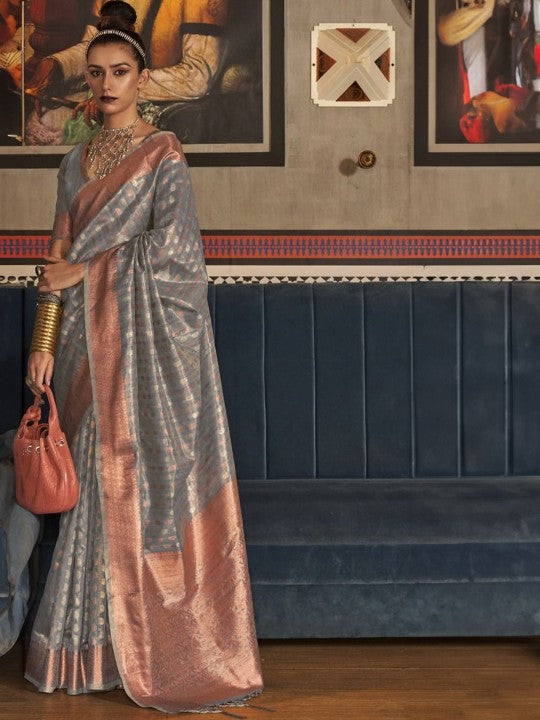 Graceful Grey & Gold Banarasi Silk Blend Saree with Zari Detailing