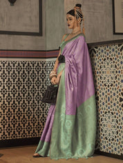 Mint Green & Lavender Banarasi Saree with Zari Motifs and Contrasting Color Block Design