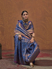 Blue & Gold-Toned Banarasi Saree with Zari Highlights and Contrast Border