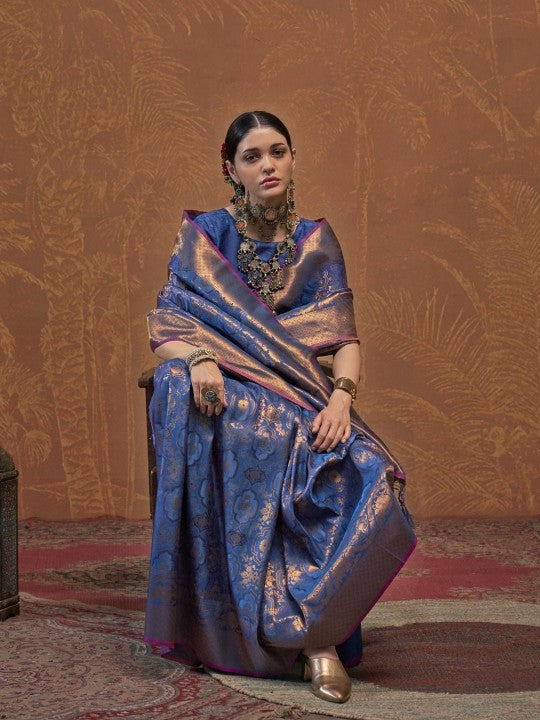 Blue & Gold-Toned Banarasi Saree with Zari Highlights and Contrast Border