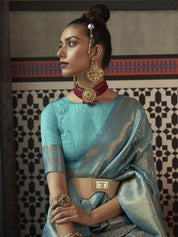 Teal & Gold Banarasi Silk Blend Saree with Rich Zari Weaving