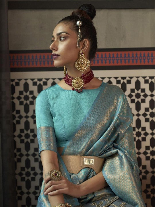 Teal & Gold Banarasi Silk Blend Saree with Rich Zari Weaving
