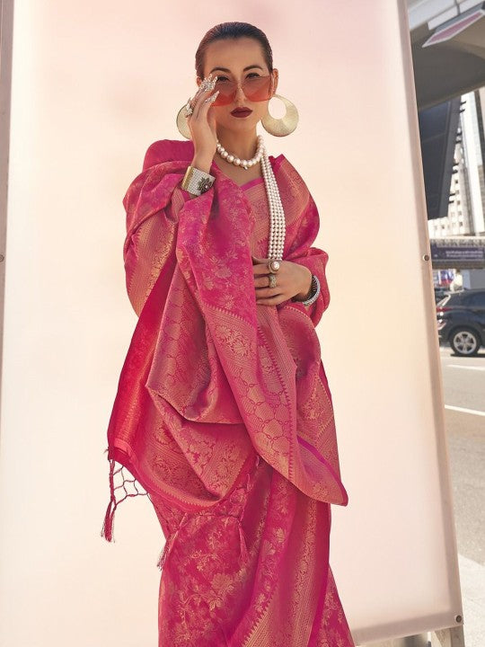 Vibrant Pink Banarasi Saree with Gold Zari Border & Unstitched Blouse