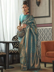 Teal & Gold Banarasi Silk Blend Saree with Rich Zari Weaving